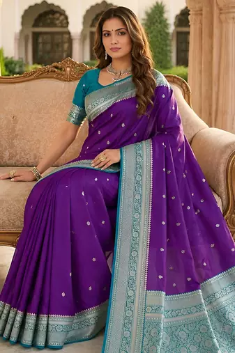 Purple soft silk blend saree with zari weaving meenakari design
