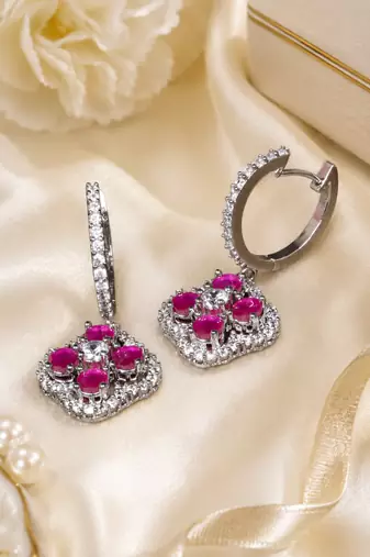 Rhodium Finish Regal Bloom Hoop Earrings