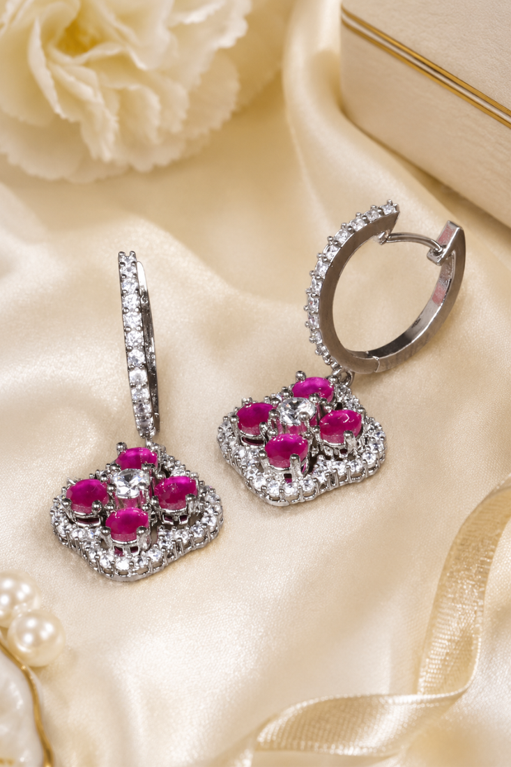 Rhodium Finish Regal Bloom Hoop Earrings