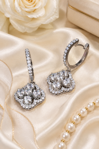 Rhodium finish crystal blossom hoop earrings