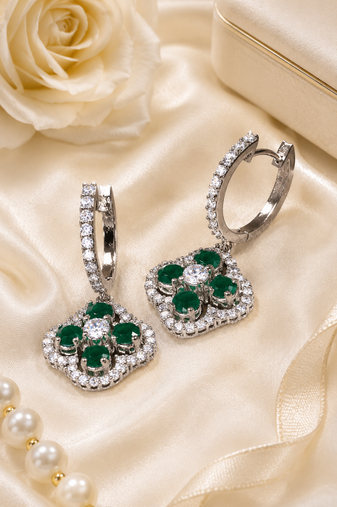 Rhodium finish floral halo dangler earrings