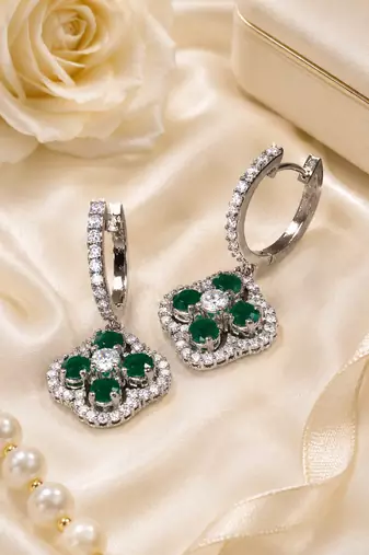 Rhodium finish floral halo dangler earrings