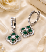 Rhodium finish floral halo dangler earrings