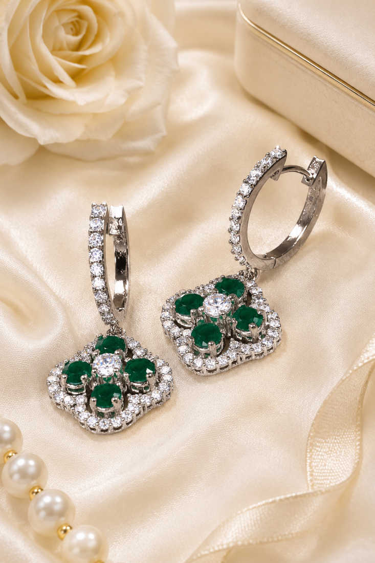 Rhodium finish floral halo dangler earrings