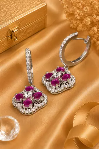 Rhodium Finish Regal Bloom Hoop Earrings