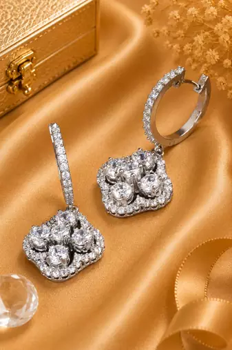 Rhodium finish crystal blossom hoop earrings