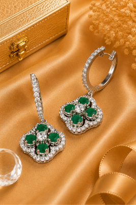 Rhodium finish floral halo dangler earrings 2