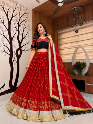 Red Foil Print Mirror Work Navratri Chaniya Choli Set 1