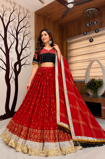 red foil print mirror work navratri chaniya choli set
