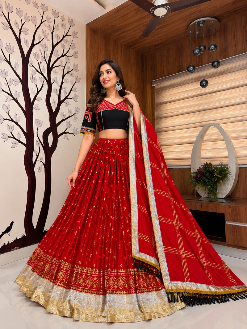 Red Foil Print Mirror Work Navratri Chaniya Choli Set