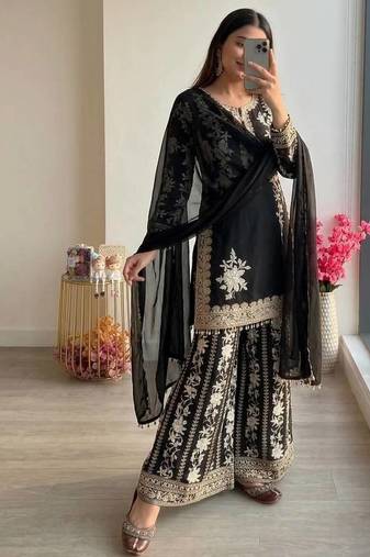 Black embroidered star georgette kurta palazzo set with dupatta