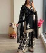 Black embroidered star georgette kurta palazzo set with dupatta