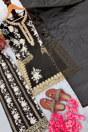 Black embroidered star georgette kurta palazzo set with dupatta