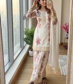 Off white embroidered star georgette kurta palazzo set with dupatta