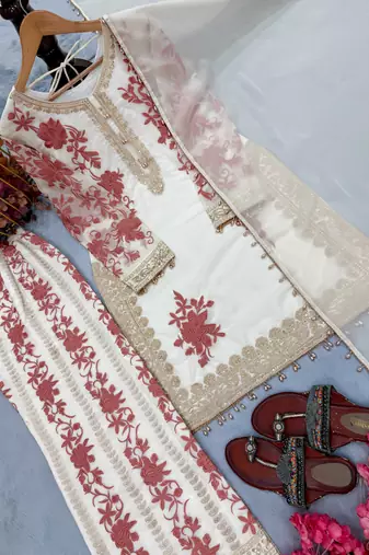 Off white embroidered star georgette kurta palazzo set with dupatta