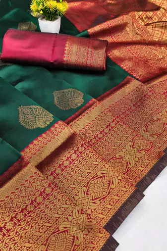 GREEN RED ART SILK BANARASI JACUARD WORK SAREE WITH UNSTITCHED BLOUSE PIECE
