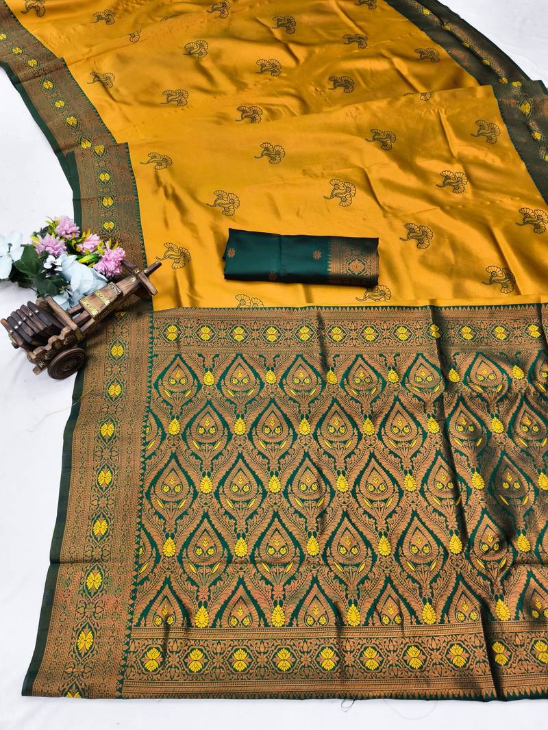 GREEN GOLD ART SILK BANARASI JACUARD WORK SAREE WITH UNSTITCHED BLOUSE PIECE