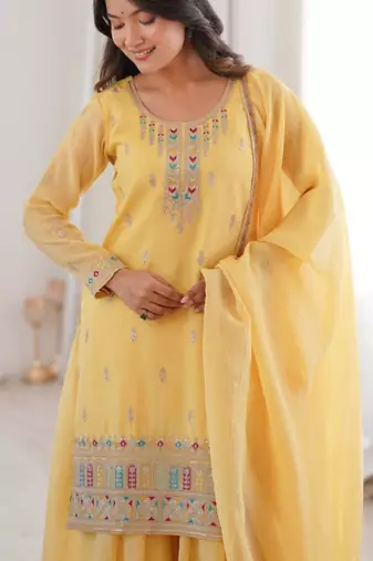 white color festive eid special silk blend suit dress palazzo style for  women's