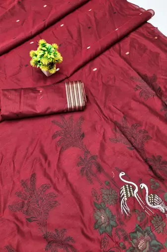 RED LINEN JACUARD WORK SAREE WITH UNSTITCHED BLOUSE PIECE
