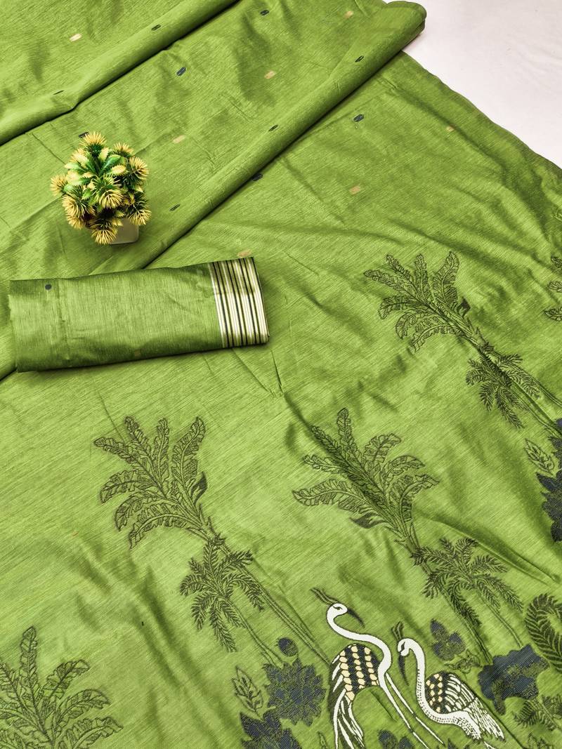 PARROT GREEN LINEN JACUARD WORK SAREE WITH UNSTITCHED BLOUSE PIECE
