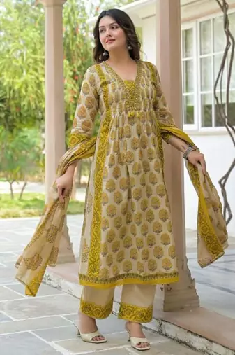 Cotton cambric printed anarkali kurti-pant-dupatta set