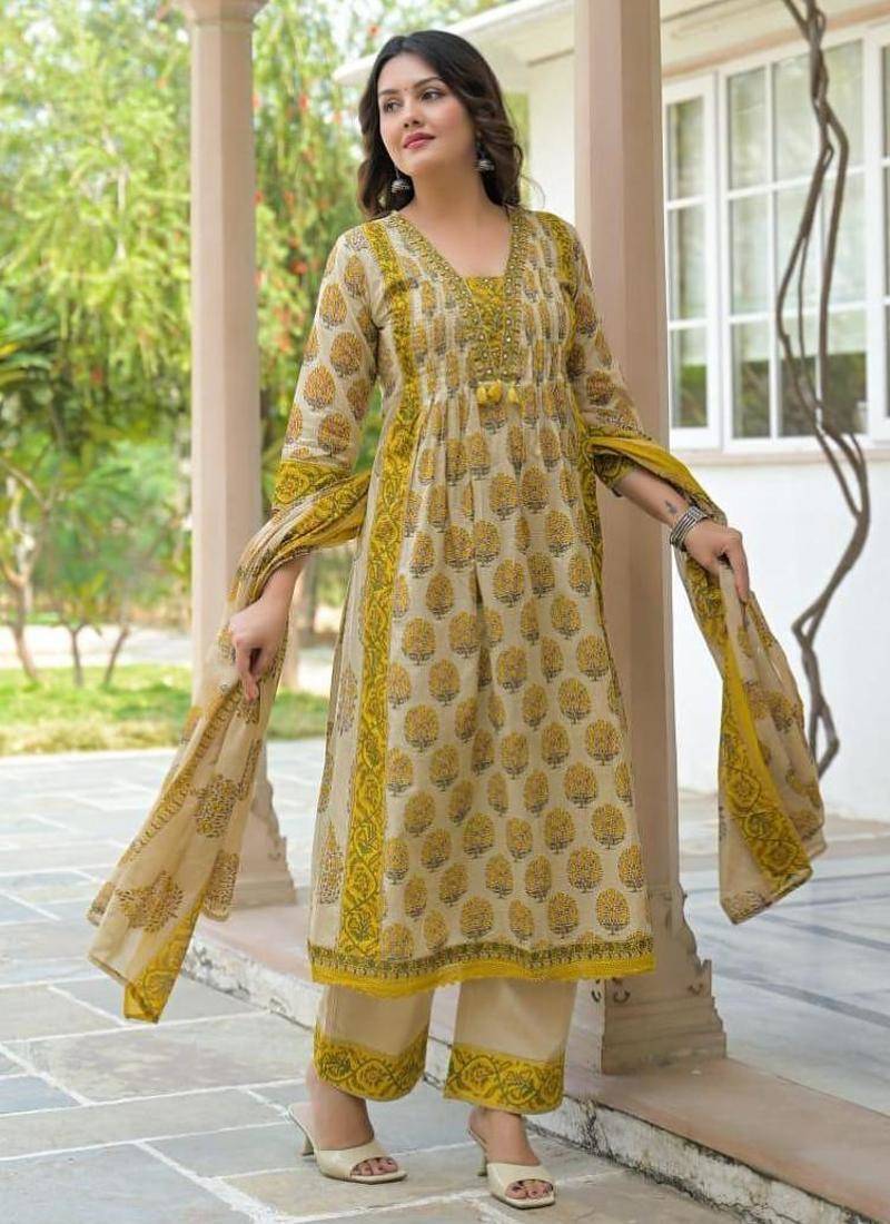 Cotton cambric printed anarkali kurti-pant-dupatta set