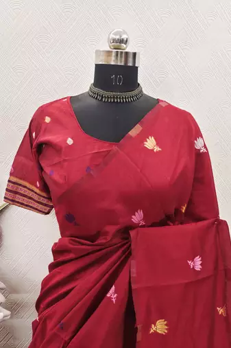 RED LINEN JACUARD WORK SAREE WITH UNSTITCHED BLOUSE PIECE