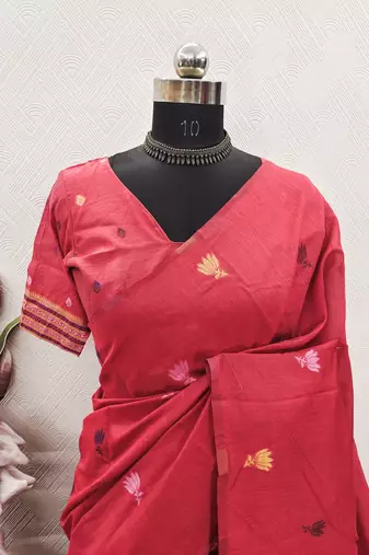 PEACH LINEN JACUARD WORK SAREE WITH UNSTITCHED BLOUSE PIECE