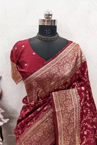 RED ART SILK BANARASI JACUARD WORK SAREE WITH UNSTITCHED BLOUSE PIECE