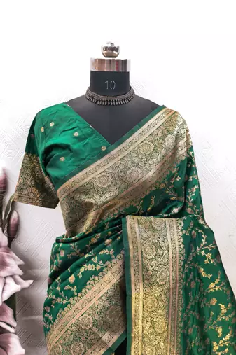 GREEN ART SILK BANARASI JACUARD WORK SAREE WITH UNSTITCHED BLOUSE PIECE