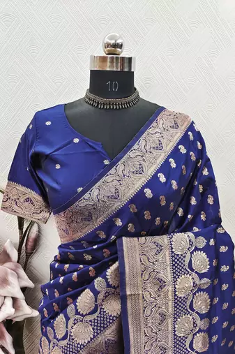 BLUE ART SILK BANARASI JACUARD WORK SAREE WITH UNSTITCHED BLOUSE PIECE