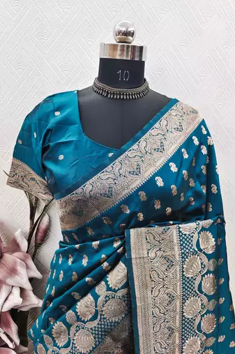 TURQUOISE ART SILK BANARASI JACUARD WORK SAREE WITH UNSTITCHED BLOUSE PIECE