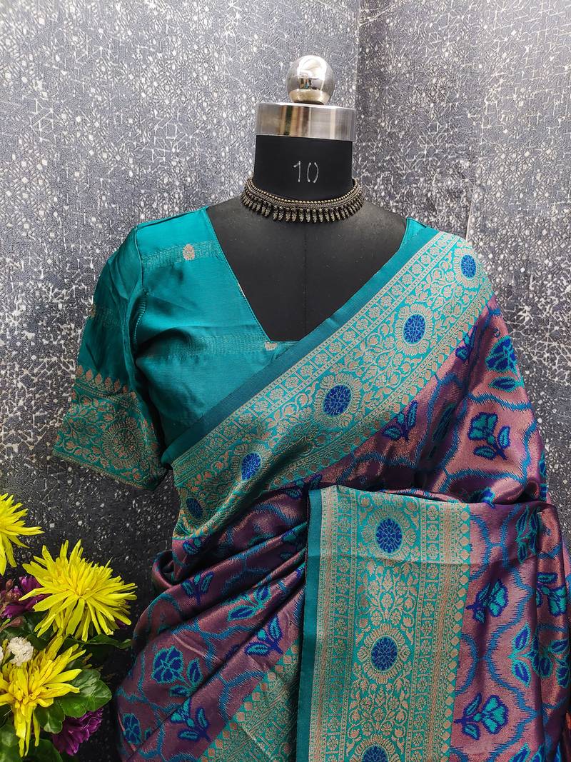 TURQUOISE ART SILK BANARASI JACUARD WORK SAREE WITH UNSTITCHED BLOUSE PIECE