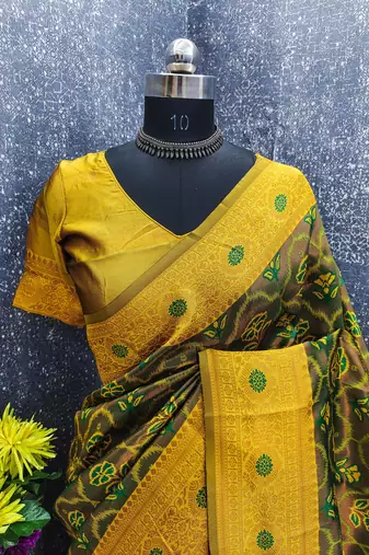 GREEN MUSTARD ART SILK BANARASI JACUARD WORK SAREE WITH UNSTITCHED BLOUSE PIECE