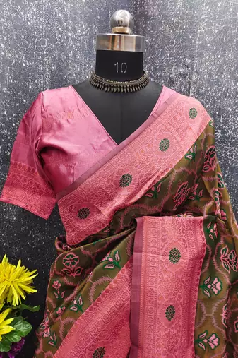 GREEN PINK ART SILK BANARASI JACUARD WORK SAREE WITH UNSTITCHED BLOUSE PIECE