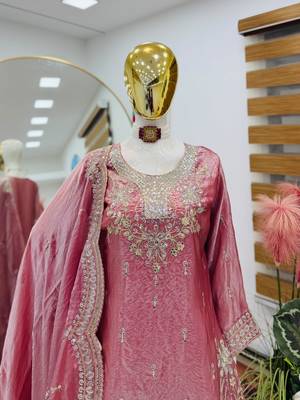 Pink fendy satin embroidered sharara suit set with dupatta 2