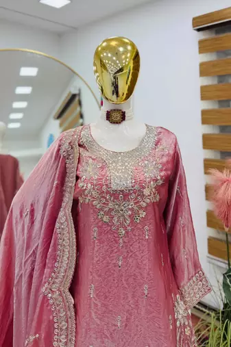 Pink fendy satin embroidered sharara suit set with dupatta