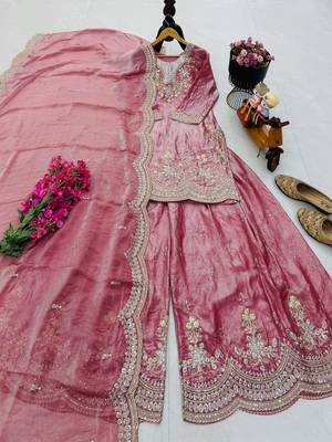 Pink fendy satin embroidered sharara suit set with dupatta 3