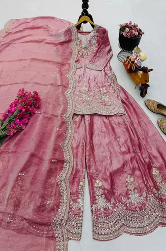 Pink fendy satin embroidered sharara suit set with dupatta