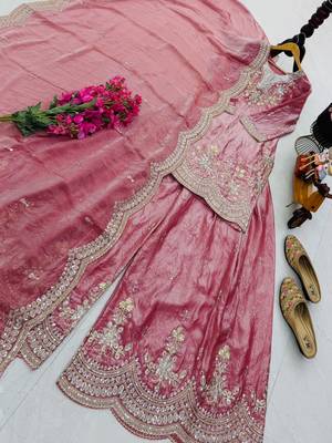 Pink fendy satin embroidered sharara suit set with dupatta 4