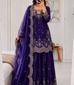 Purple fendy satin embroidered sharara suit set with dupatta