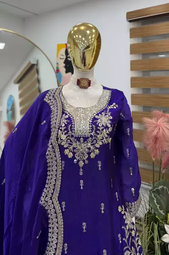Purple fendy satin embroidered sharara suit set with dupatta