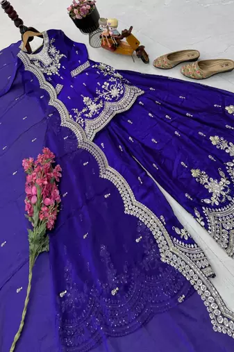 Purple fendy satin embroidered sharara suit set with dupatta