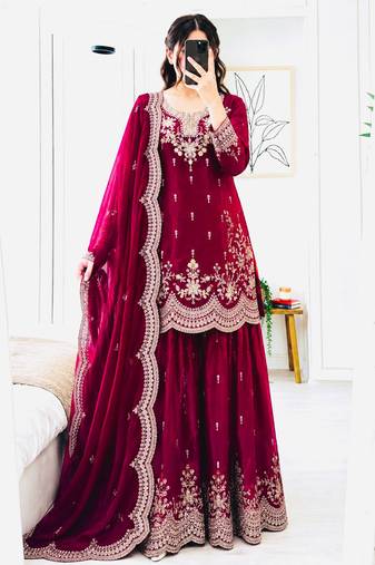 Rani pink fendy satin embroidered sharara suit set with dupatta