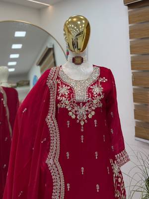 Rani pink fendy satin embroidered sharara suit set with dupatta 2