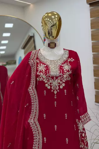 Rani pink fendy satin embroidered sharara suit set with dupatta