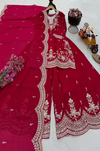 Rani pink fendy satin embroidered sharara suit set with dupatta