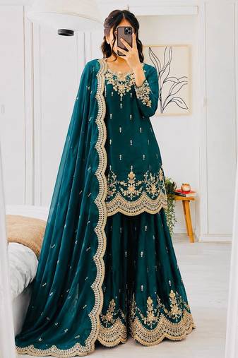 Teal fendy satin embroidered sharara suit set with dupatta