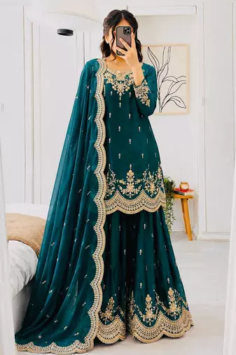 Teal fendy satin embroidered sharara suit set with dupatta