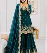 Teal fendy satin embroidered sharara suit set with dupatta